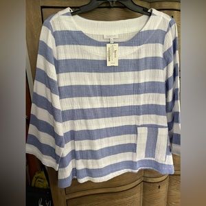 NWT Blue and White Habitat 3/4 sleeve cotton top.